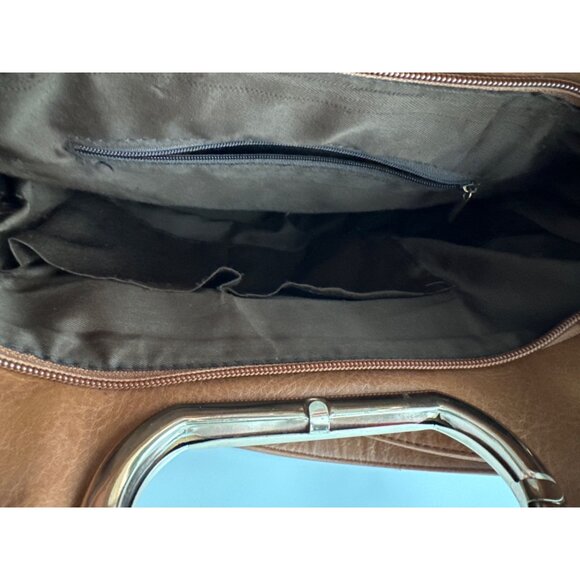 OOH Brown Multi Way Handbag Gold Cat Cutout Handle Perforated Faux Leather - Picture 5 of 8